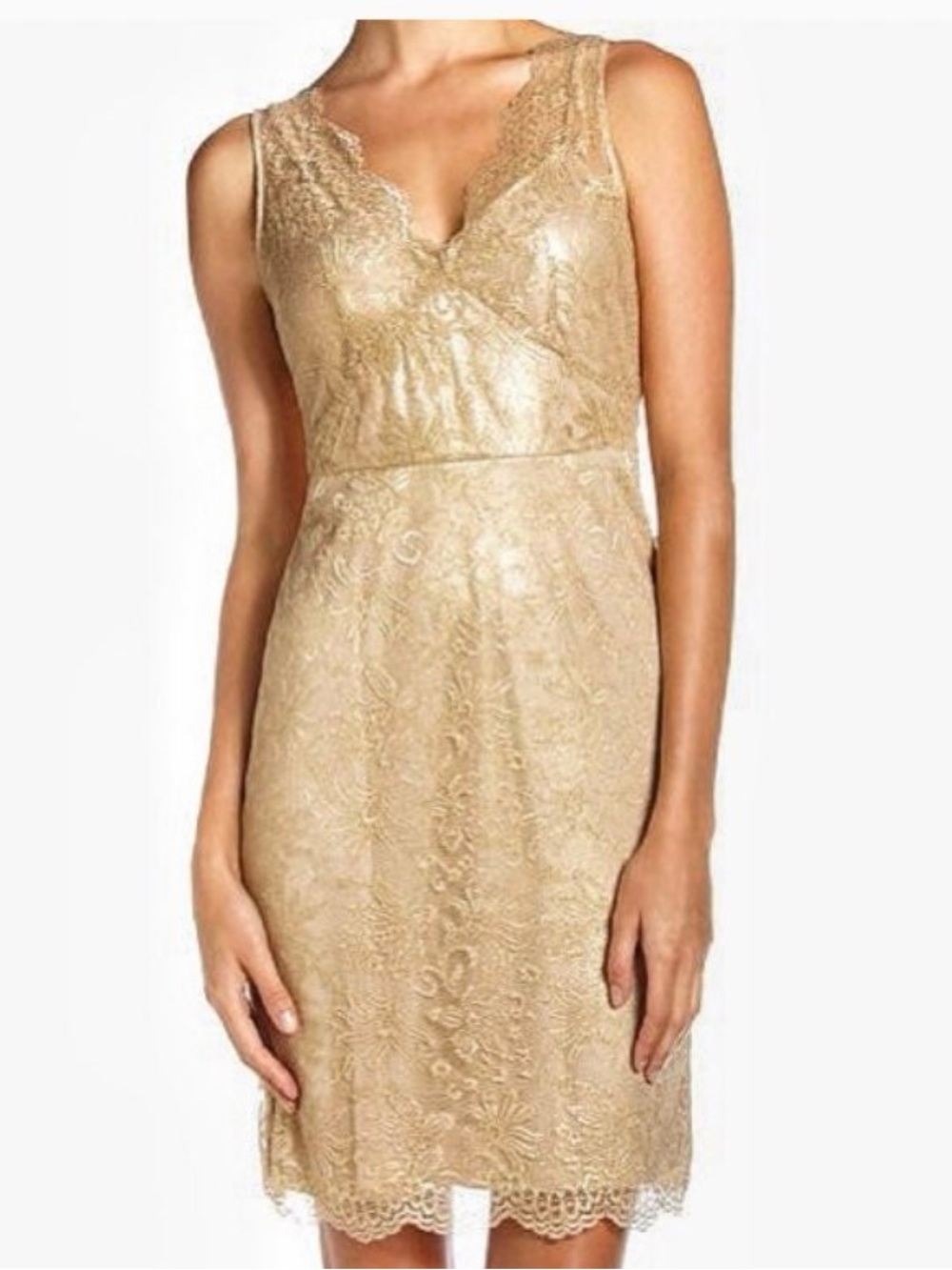 BCBGMaxAzria Metallic Gold Lace V-Neck Sleeveless Mini Dress